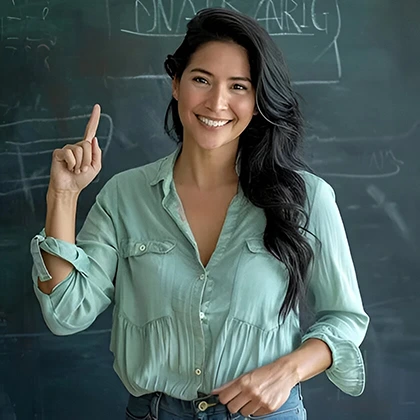A woman points at a chalkboard, symbolizing the vital role of women in teaching and education.